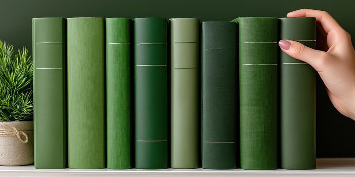 Arranging green books on a white shelf with manicured nails