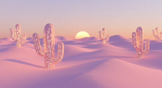 Surreal Pastel Desert Landscape with Geometric Dunes and Glowing Cactus Forms