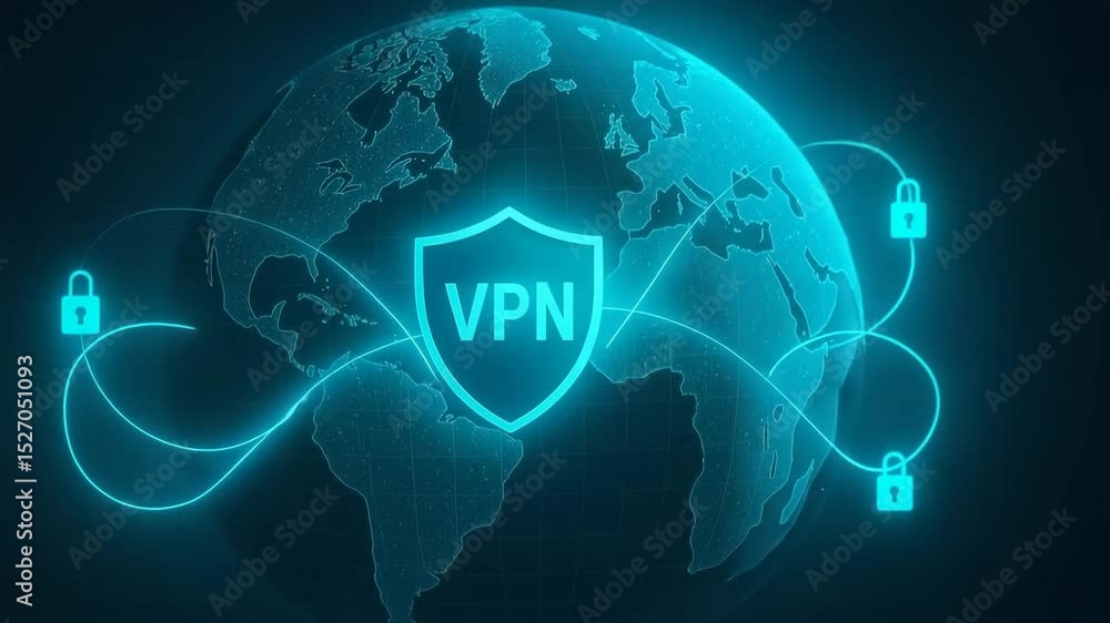 Poster a digital representation of global connectivity featuring a shield symbolizing vpn security