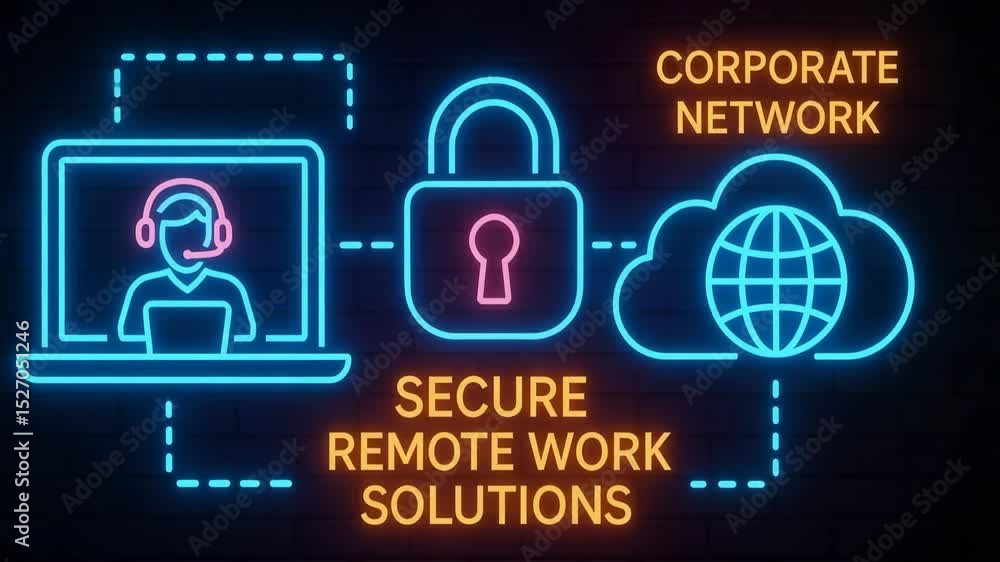 Poster illustration of secure remote work solutions featuring a computer, cloud, and lock icons, symbolizin