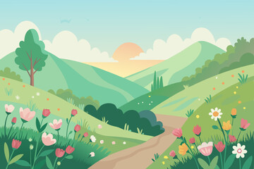 Obraz premium Vector illustration of a green summer and spring mountain landscape with trees, flowers, grass, clouds, and a rural road under a sunny sky