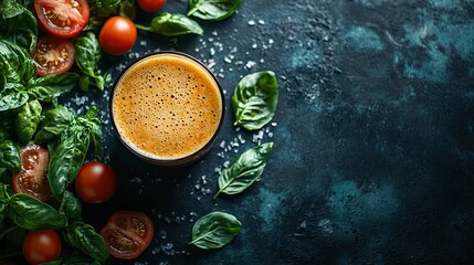 Fresh tomato and basil juice in a glass.