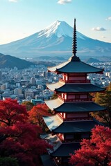 Fototapeta premium Elegant pagoda overlooking Japanese city, distant Fuji peak, mountain, fuji