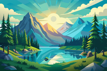 Mountain landscape with a serene lake, surrounded by green trees, a clear sky, and distant snow-capped peaks, evoking a peaceful summer outdoor scene