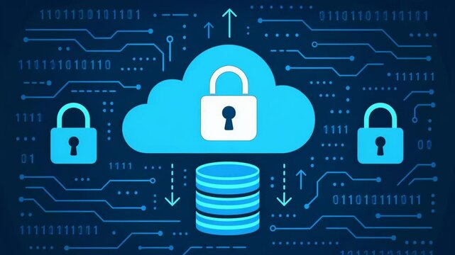 Modern cloud computing concept featuring a secure database with locks, symbolizing data protection, cybersecurity, and innovative technology solutions in a digital environment.
