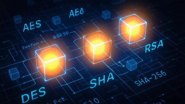 An abstract digital representation of cryptographic algorithms featuring glowing cubes labeled DES, AES, SHA, and RSA