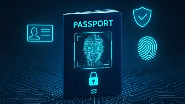 This image illustrates a futuristic passport integrated with biometric features, showcasing advanced security technology, including facial recognition and digital fingerprint ident