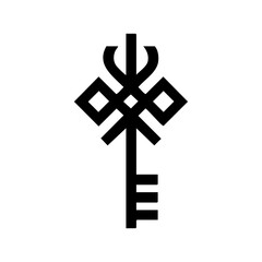 Obraz premium Vector icon of a geometric ornamental key with abstract shapes. Mystical and minimal logo design with symbolic meaning.