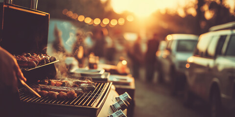 Outdoor barbecue gathering with delicious grilled meats at sunset in a lively atmosphere