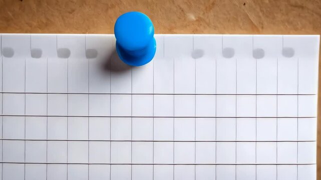 Square grid lined paper, attached to cork board with a blue push pin, positioned on a light brown wooden surface.