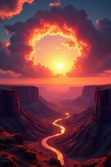 Fiery sunset, swirling vortex of clouds above arid canyon, dry, heat, nature