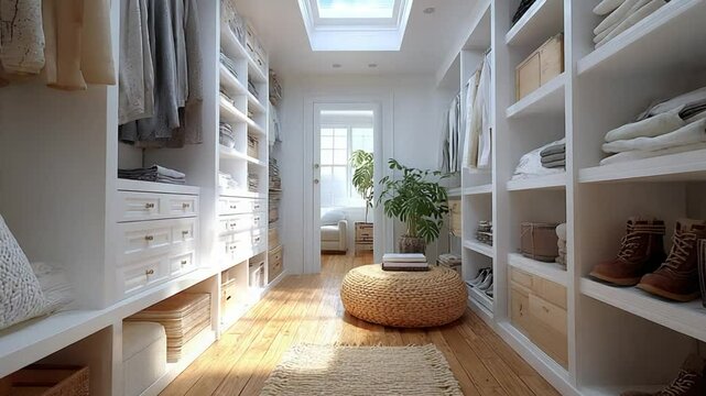 Elegant Walk-in Closet Design with Natural Light and Organized Storage Solutions