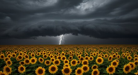 Obraz premium Sunflowers Field Under Dramatic Stormy Sky with Lightning Strike