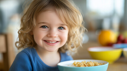 A happy girl enjoying breakfast at a sunny kitchen table