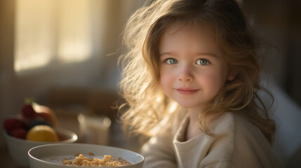 A happy little girl enjoys breakfast with milk and cornflakes