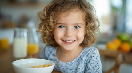 A little girl enjoying breakfast with cornflakes and milk at a sunny table