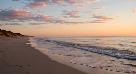Fototapeta premium Serene Sunset Beachscape Coastal Serenity at Golden Hour