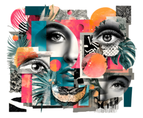 A collage of faces and abstract shapes with tropical leaves and geometric patterns overlayed on black