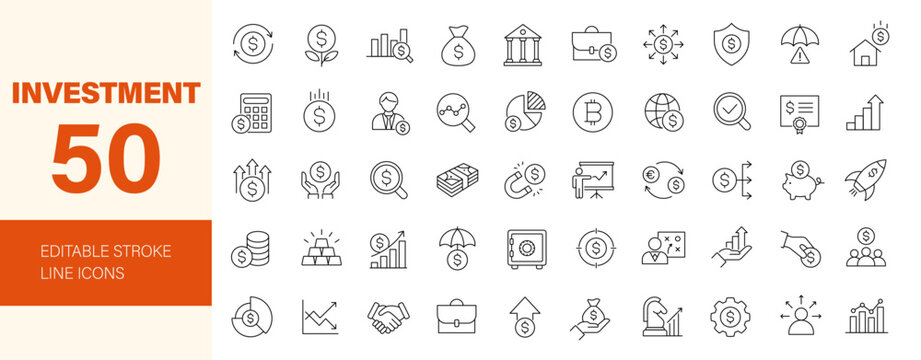 Investment icon set. Containing investor, mutual fund, asset, dividend, economy, financial, stock, capital, risk, inflation, portfolio and more. Editable line icons. Vector illustration.