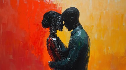 Futuristic robot couple embracing in vibrant painted room