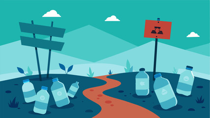 A trail of empty discarded water bottles leading towards a sign with No Water etched in the same language as a somber warning to those seeking refreshment.. Vector illustration