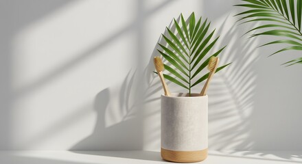 Minimalist Bathroom: Bamboo Toothbrushes in Holder with Palm Leaf and Sunlight Shadows