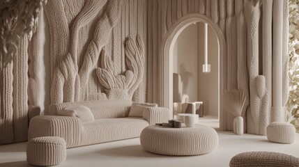 Beige interior design with knitted wall decor.