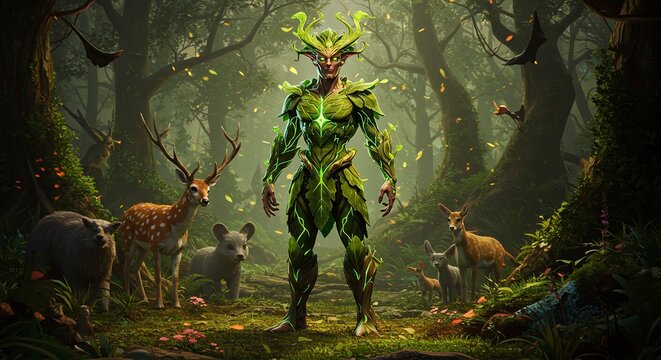3D render of an eco-hero character, half-human half-plant