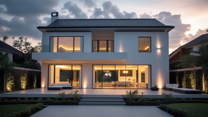 Modern, two-story house with large windows overlooking a patio at dusk.  Exterior is white with dark gray roofing.  Landscaped yard surrounds the home.  Illuminated patio and interior