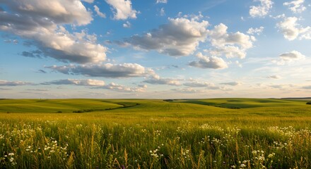 Serene Rolling Hills Landscape Golden Wheat Field Under a Blue Sky
