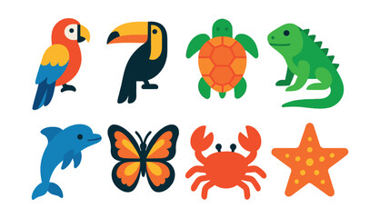 Fototapeta premium Flat vector icons of tropical animals: parrot, toucan, sea turtle, iguana, dolphin, butterfly, crab, starfish.
