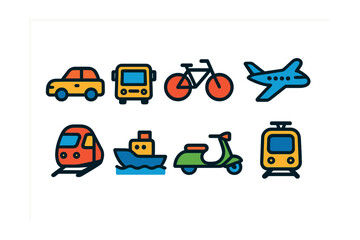 Flat vector icons of transportation modes: car, bus, bicycle, airplane, train, boat, scooter, subway.