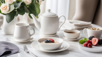 Fototapeta premium Breakfast table set with tea, oatmeal, and fresh berries in a bright, elegant dining area