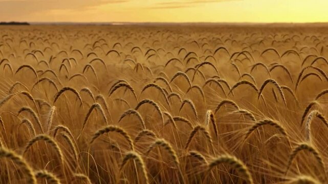 Golden wheat field at sunset with ears of wheat gently swaying in the wind. Rural beauty and harvest.