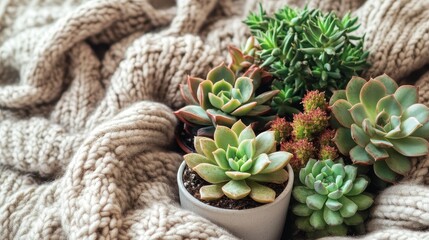 Group of succulents in small pots arranged on a knitted throw.