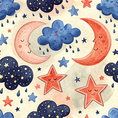Cute Watercolor Seamless Night Sky Pattern - Stars, Moon & Clouds