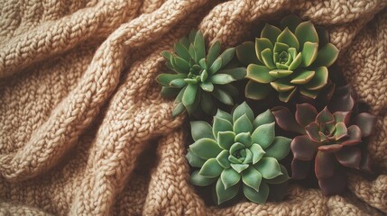 Succulents resting on a knitted blanket.