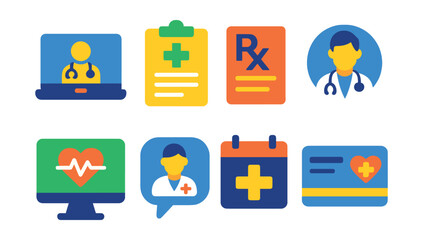 Fototapeta premium Flat vector icons of telemedicine services: video consultation, medical report, prescription, doctor’s profile, heartbeat monitor, medical chat, appointment calendar, health insurance card.