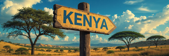 on the pole there is a direction arrow with the inscription Kenya against the background of a picturesque summer landscape 