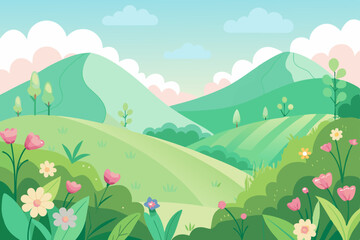 Vector illustration of a vibrant summer mountain landscape with a meadow of flowers under a clear sky