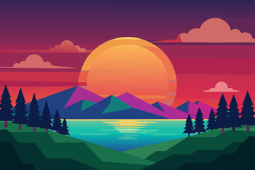 Warm summer evening landscape with the sun setting over distant mountains and a serene river