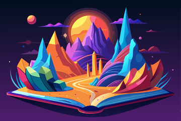 Vector illustration of a tent at night under a starry sky, with a sailboat on the ocean in the distance