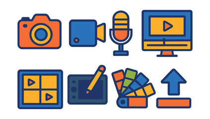 Flat vector icons of digital content creation: camera, video recorder, microphone, editing software, storyboard, graphics tablet, color palette, upload icon.
