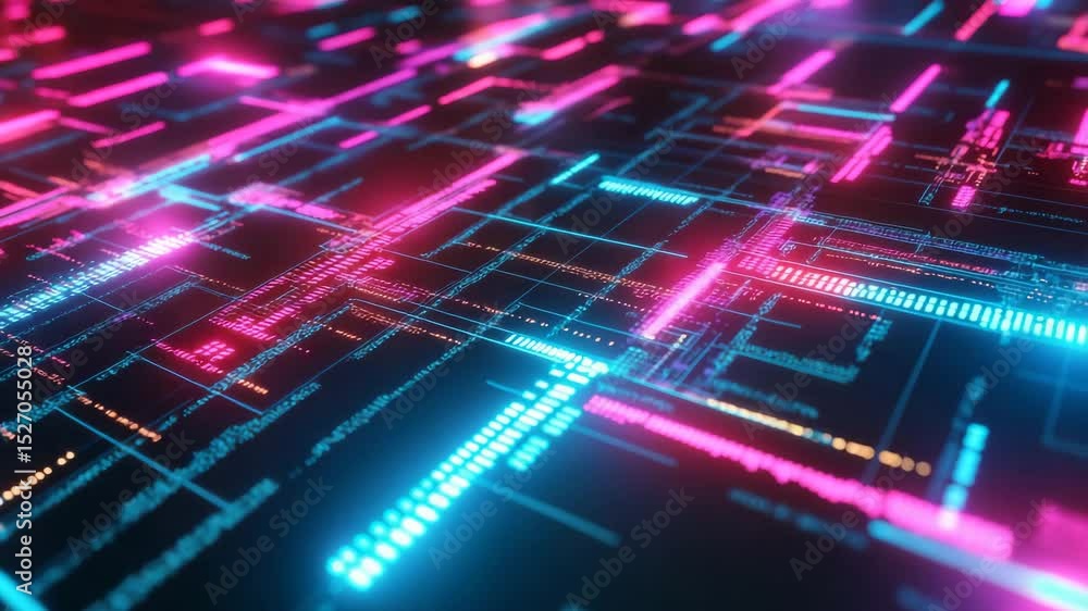Aufkleber A retro-futuristic video background featuring neon programming code on a dark digital grid. The nostalgic 80s-inspired aesthetic blends vintage and modern technology