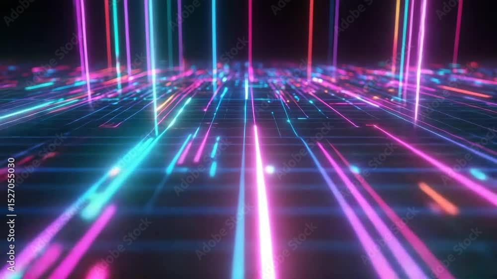 Poster A retro-futuristic video background featuring neon programming code on a dark digital grid. The nostalgic 80s-inspired aesthetic blends vintage and modern technology
