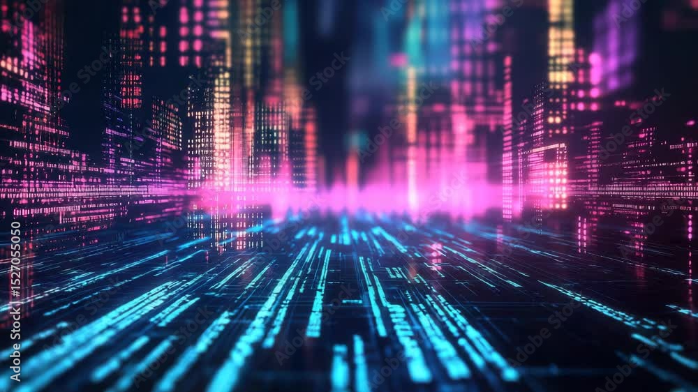 Poster A retro-futuristic video background featuring neon programming code on a dark digital grid. The nostalgic 80s-inspired aesthetic blends vintage and modern technology