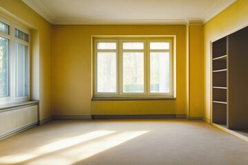 Fototapeta premium Bright and spacious empty living room interior with large windows and shelves in house for sale