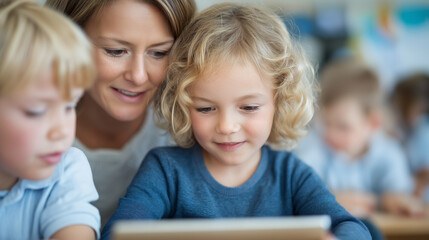 Obraz premium Students Learning with a Teacher Using a Digital Tablet in Classroom