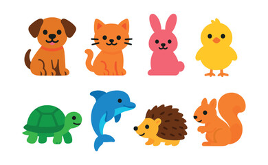 Flat vector icons of playful animals: puppy, kitten, bunny, baby chick, turtle, dolphin, hedgehog, squirrel.