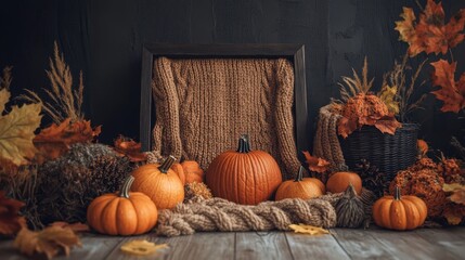 Autumnal display of pumpkins, leaves, and a knitted sweater.